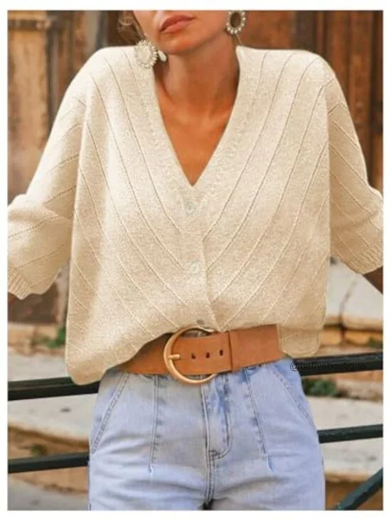 Oversize Hollow Out Cardigan V-Neck Button Down Long Sleeve Sweater - Picture 3 of 5